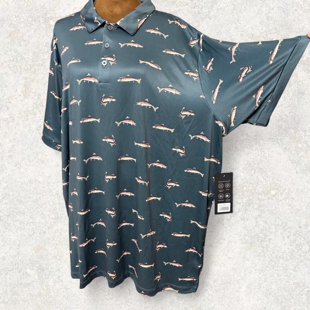 Sportswear Golf Outdoor Camping Fish Trout Print Polo Top Caddy Cart Brand